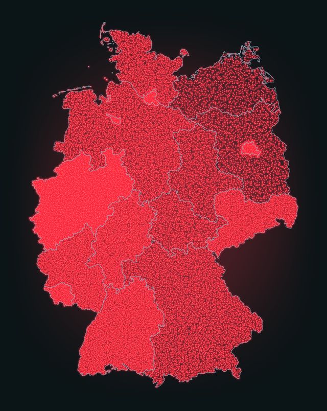 Deutschlandkarte, fast vollständig mit roten Punkten bedeckt: alle registrierten Fälle seit 1993